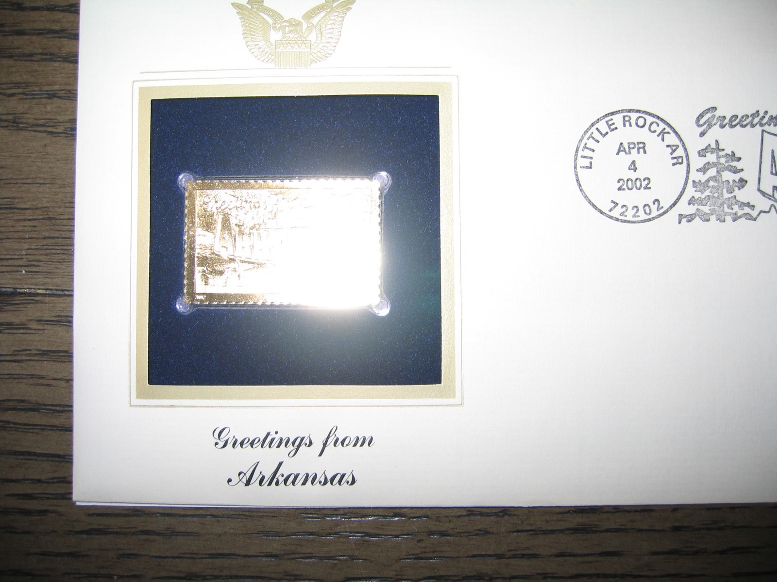 2002 ARKANSAS Greetings From America replica Gold Stamp Golden COVER