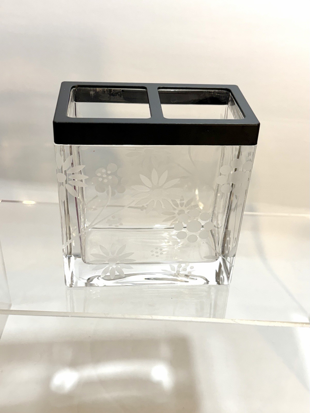 🌿 Etched Clear Glass Toothbrush Holder Heavy Quality Glass 4.75” Tall