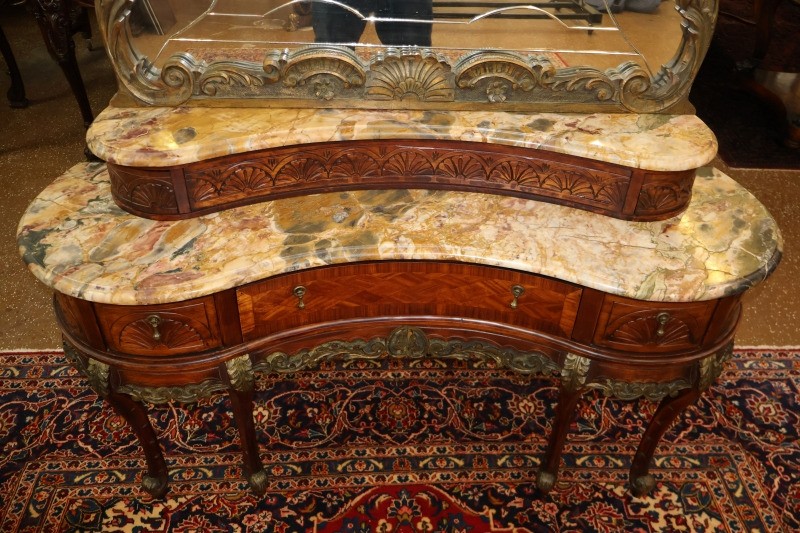 French Louis XV Style Inlaid Walnut Marble Top Etched Mirror Vanity Circa 1920's