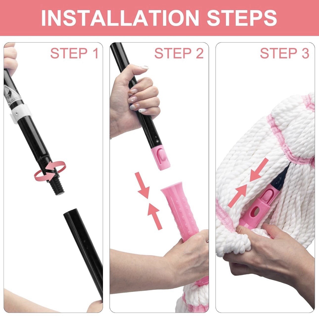 Self-Wringing Microfiber Round Wet Mop with Pink Handle, 57in