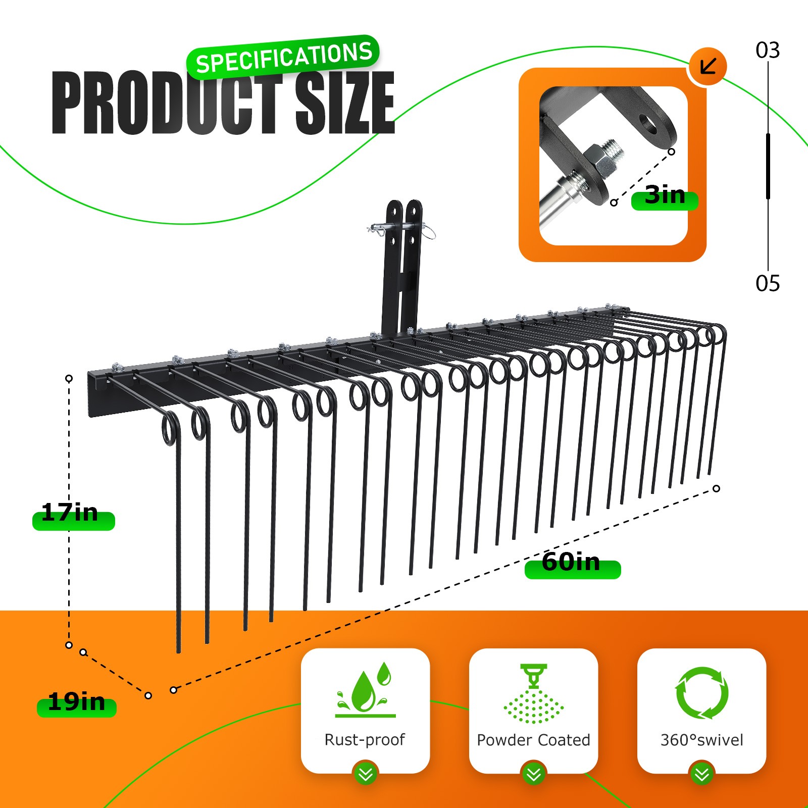 3 Point 60" Tow behind Landscape Rake Lawn Dethatcher Rakes For Cat 0&1 Tractor