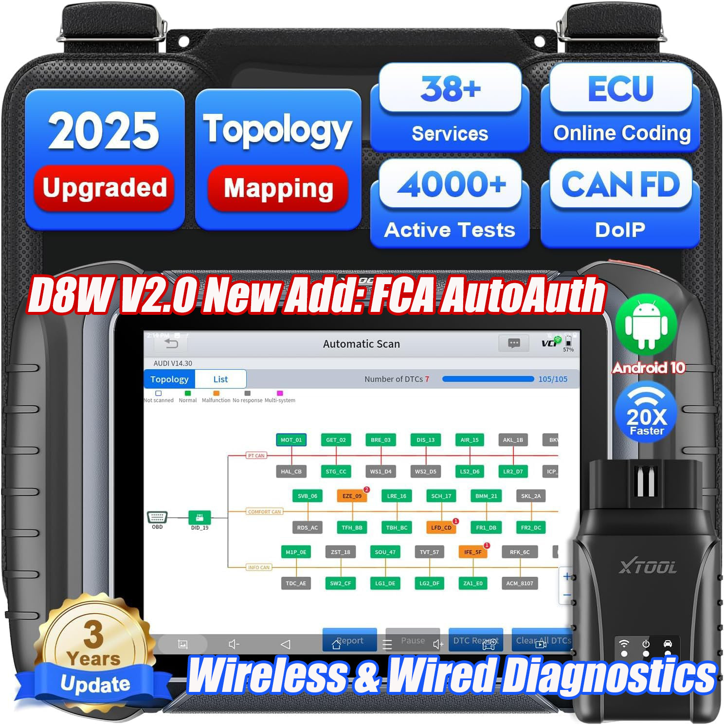 2025 XTOOL D8W V2.0 All System Diagnostic Tool Bi-directional Key Programmer FCA
