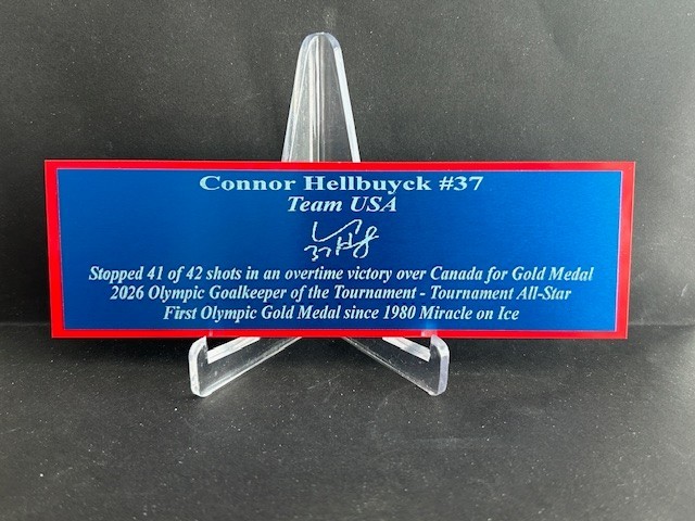 Connor Hellbuyck Team USA Gold Medal Autograph Nameplate Puck Jersey