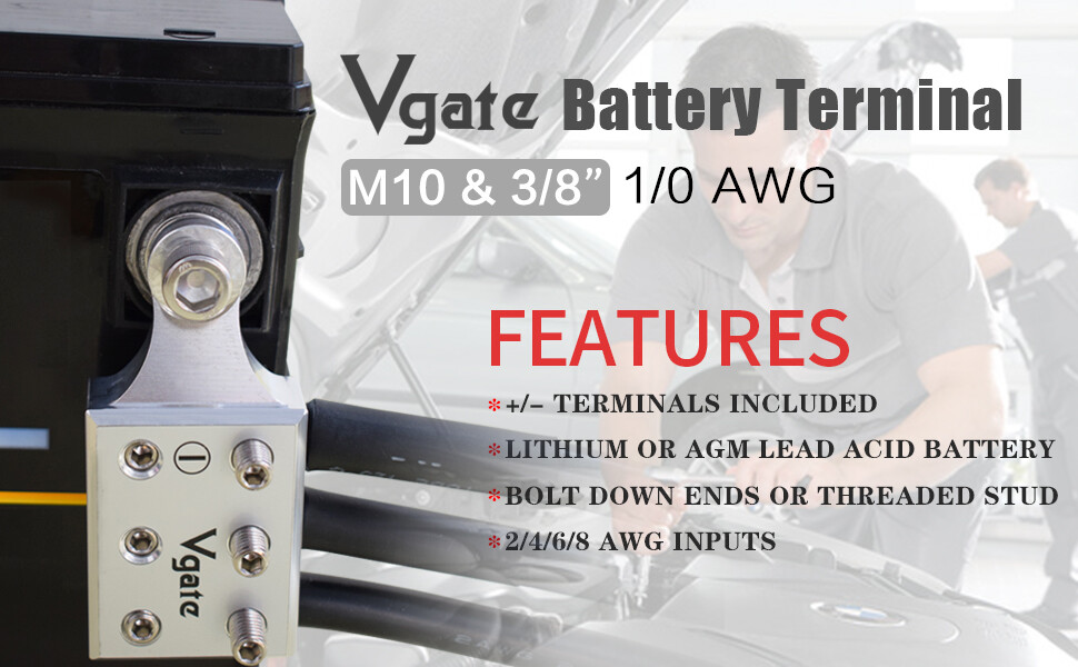 Vgate O6(M10)x2/0 AWG Gauge Post Battery Terminals for Lithium or AGM Lead Acid