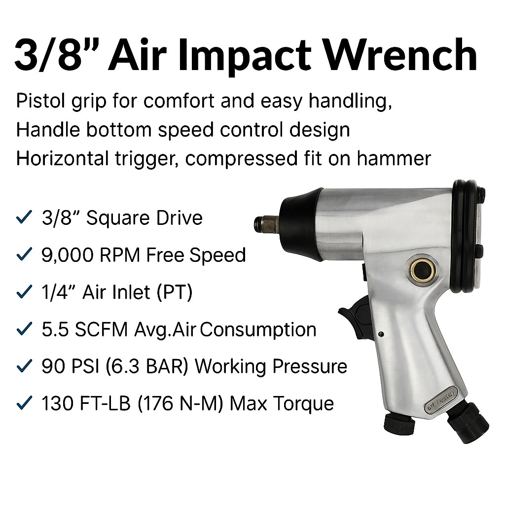 3/8" Air Impact Wrench | 130 FT-LB Torque 9000 RPM 1/4" Inlet | Pistol Grip Tool
