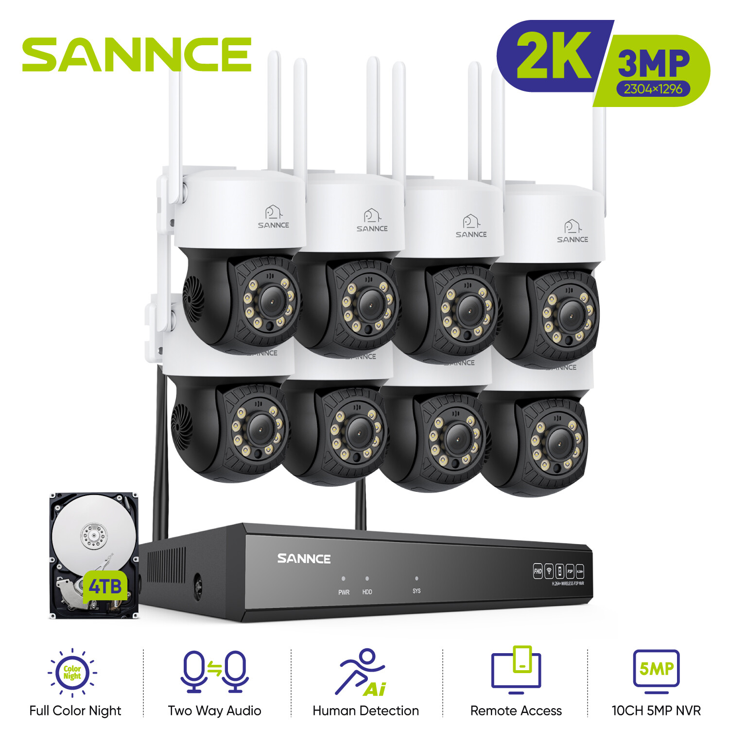 SANNCE 8MP 10CH NVR Color Wireless 3MP PT IP Security Camera System 2-Way Audio