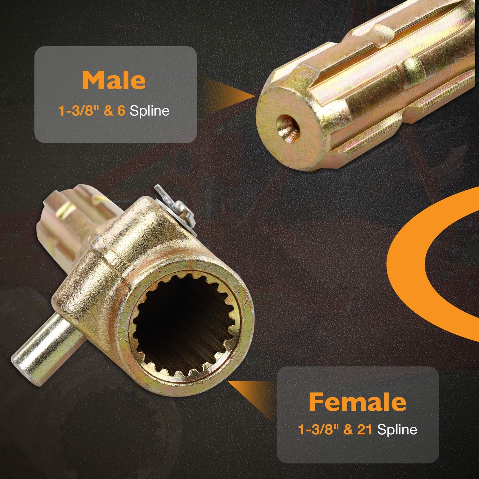 PTO Extender Adaptor Male 6 & 1-3/8" Female 21 & 1-3/8" Spline Fit 70HP Engine