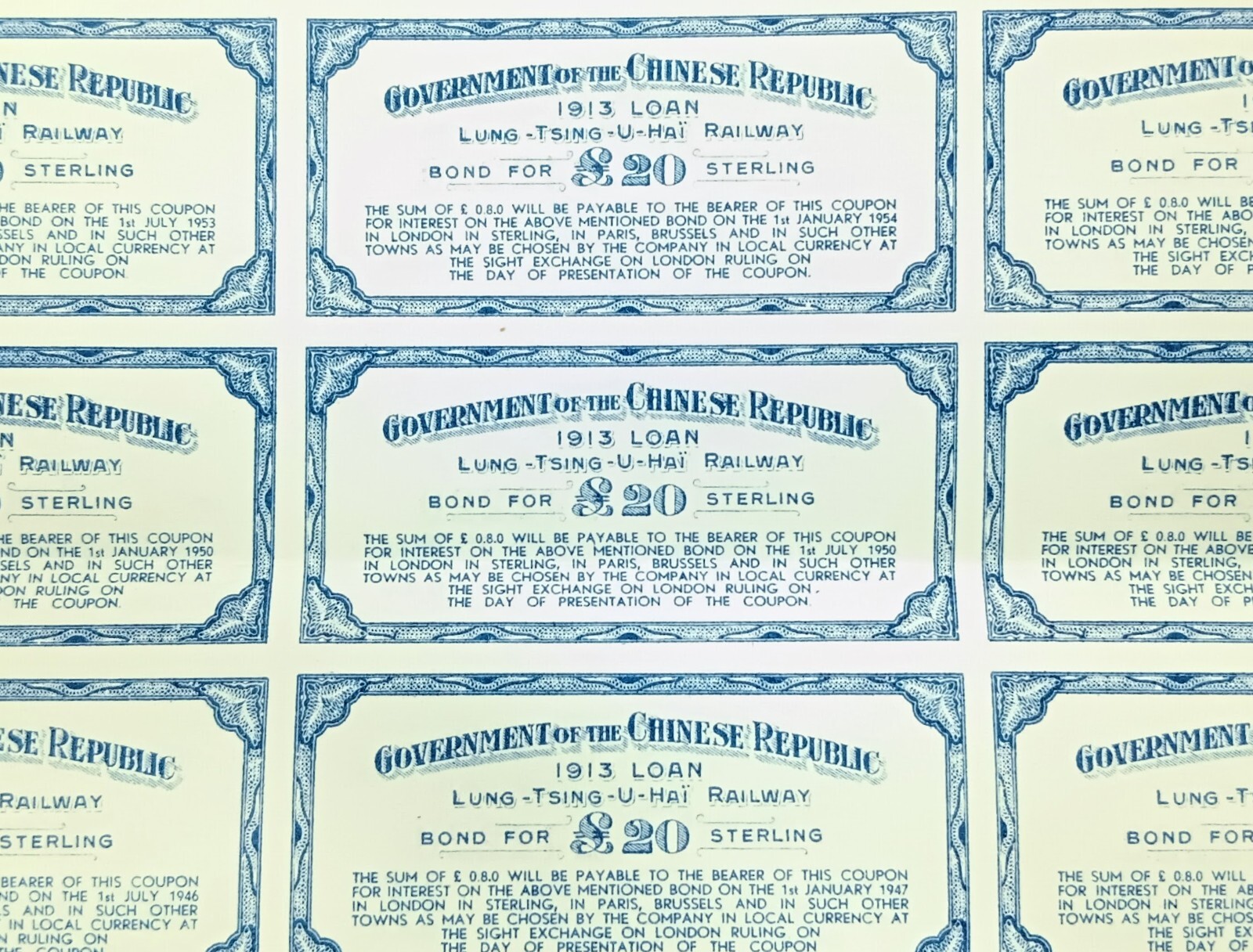 Uncut China 1913 Lung-Tsing-U-Hai Railway Bond Super Petchili Gold Loan PASS-CO