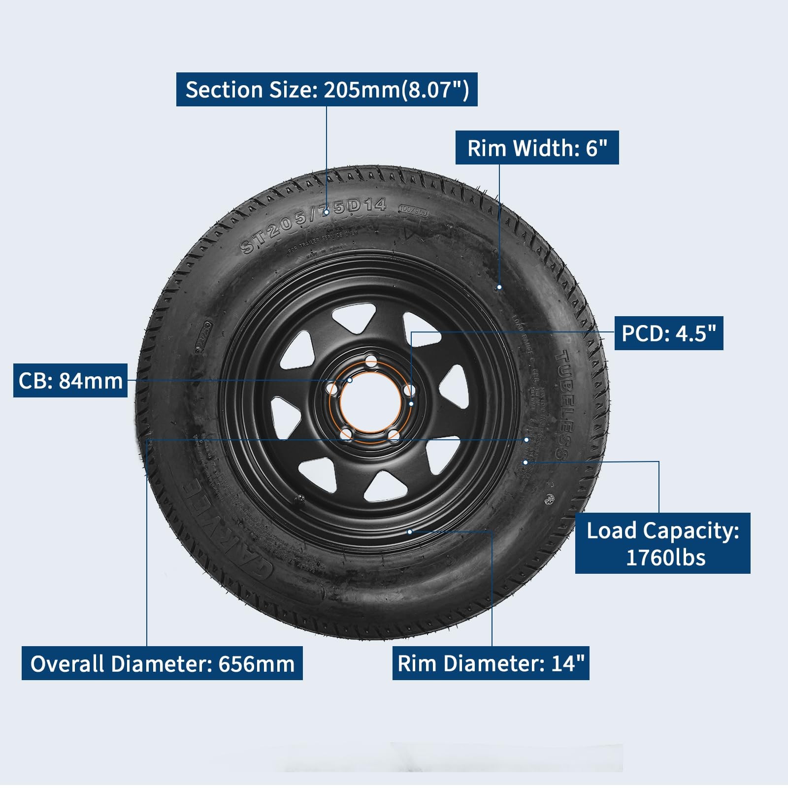Set of 4 Trailer Tire On Rim ST205/75D14 Trailer Tires and Wheels 5 Lug on 4.5"