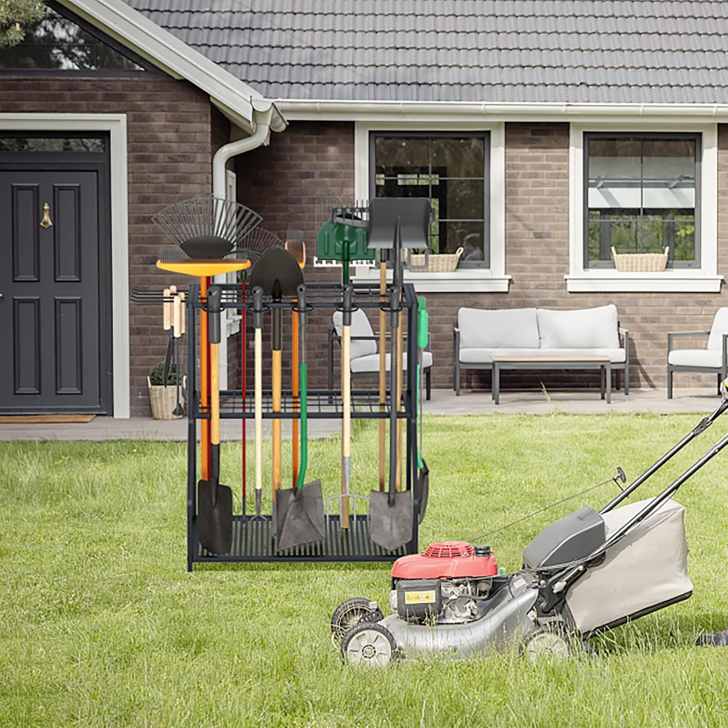 Yard Tool Storage Rack, Steel Organizer for Long-Handled Tools, Black