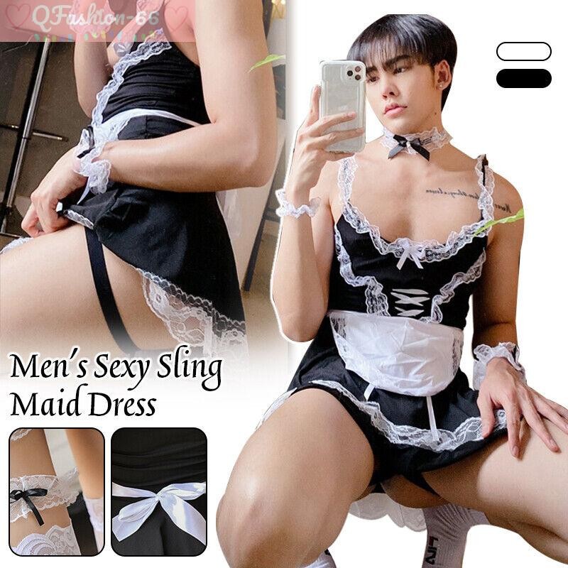 Gay Men Sissy Girl Maid Cosplay Dress Bow Lace Short Apron Dress Maid Outfit