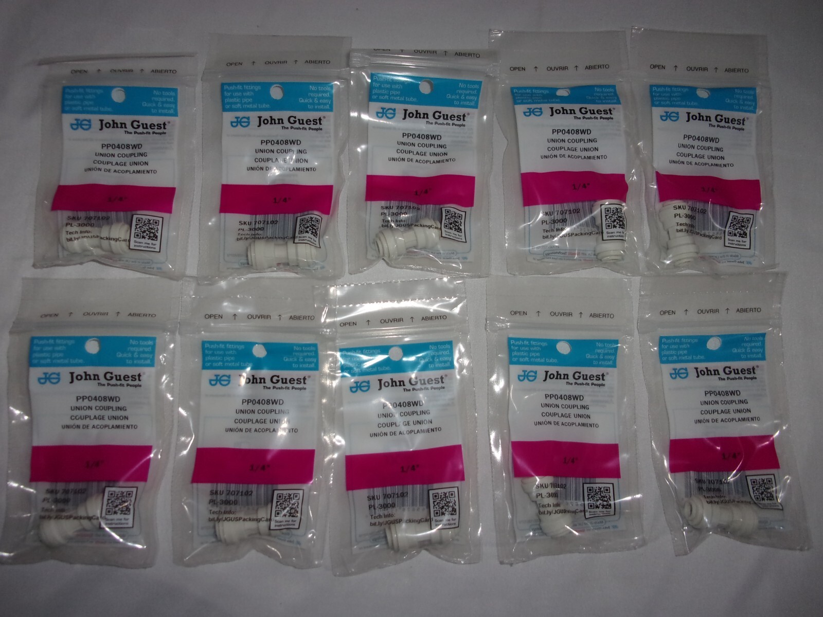10 Pack  John Guest PP0408WD Push Fit Union Coupling 1/4" New