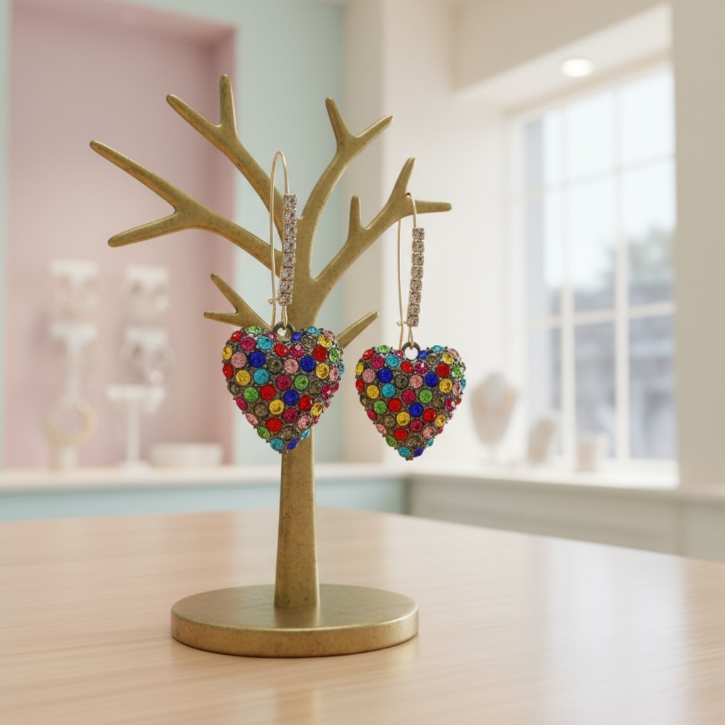 Betsey Johnson Stone Heart Dangle Earrings Rainbow Pave Stones Crystal Accents.