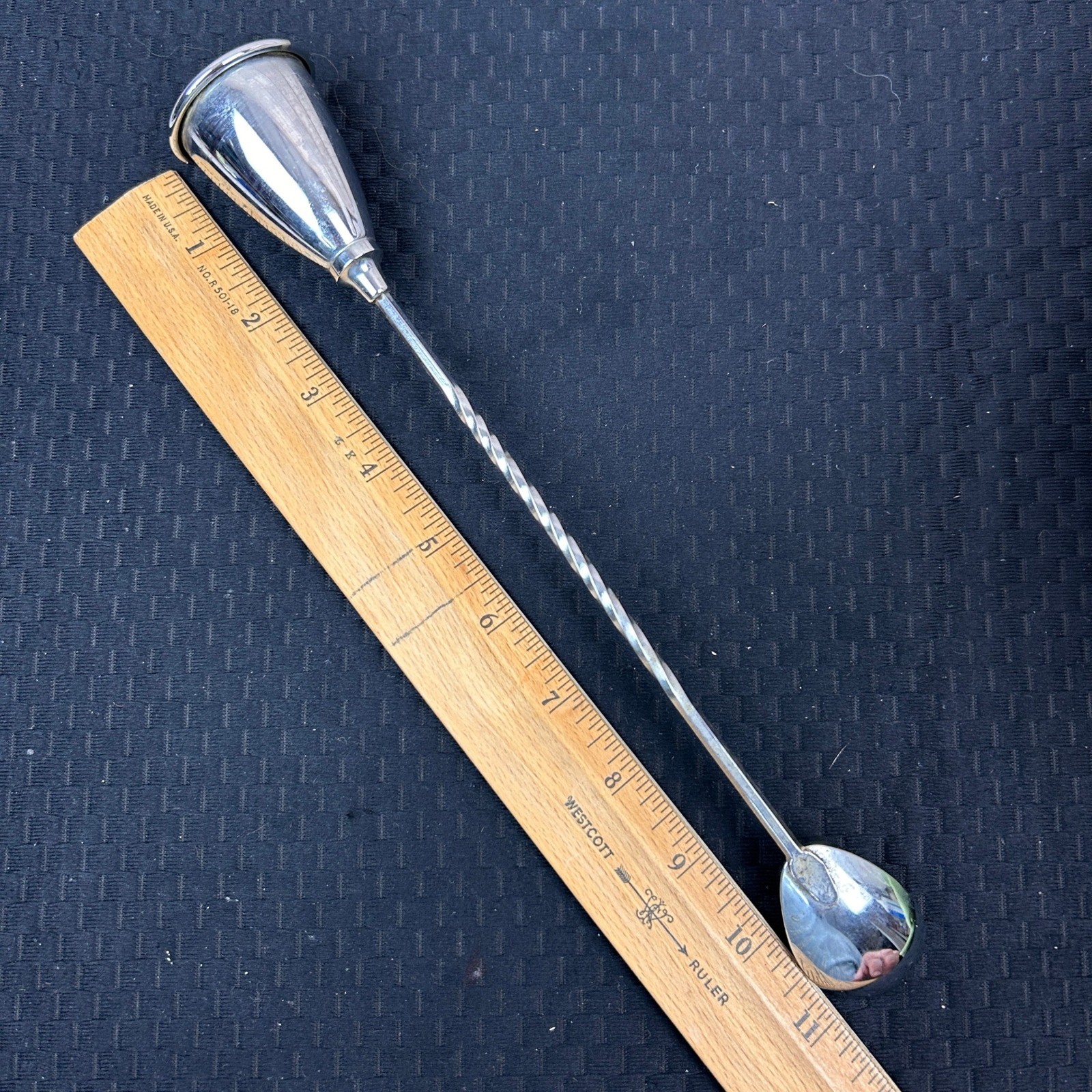 Vintage Silver Tone Twisted Handle Bar Spoon with Bell End Jigger 11 Inch