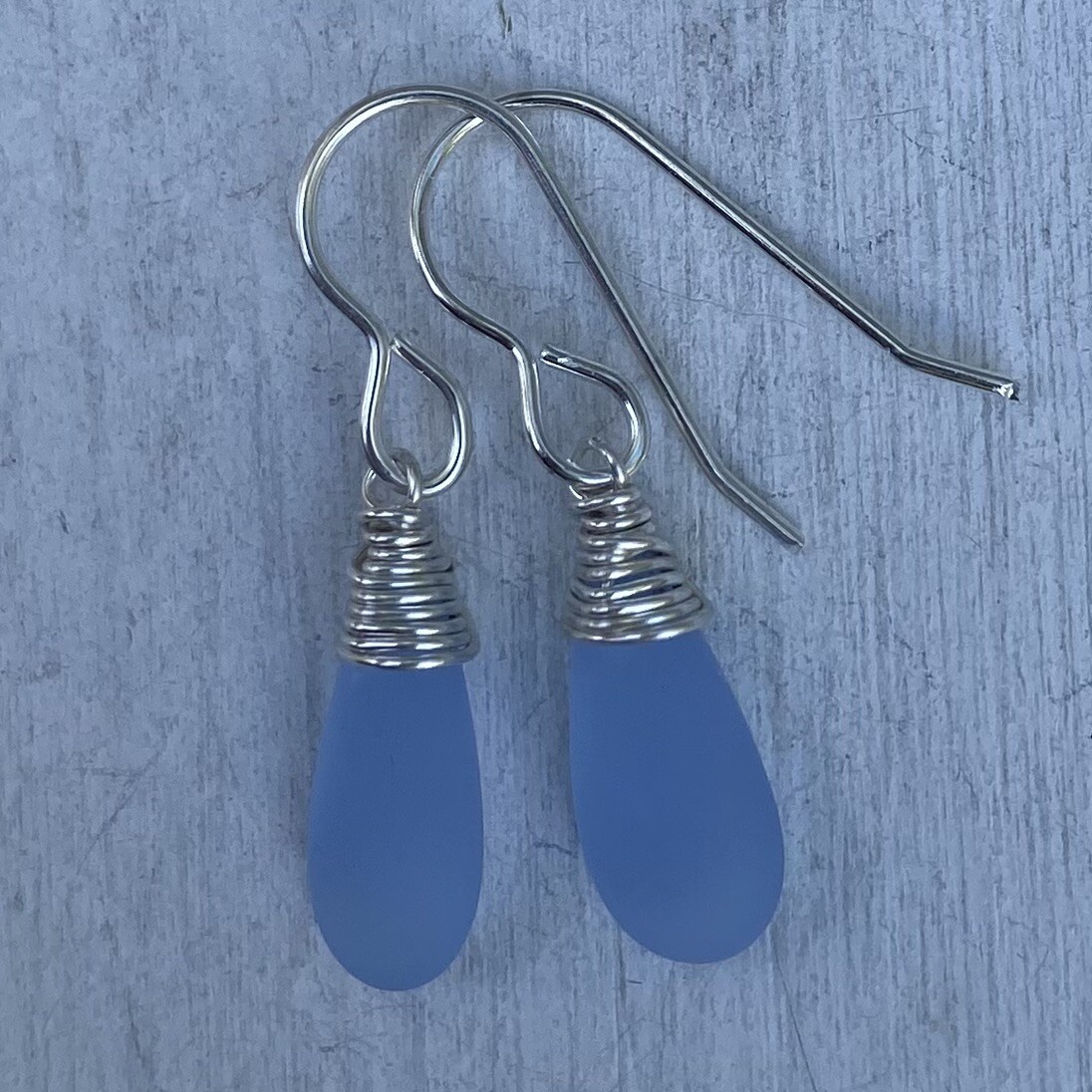 Min Favorit Pale Sky Blue Sea Glass Teardrop & Silver Pl Artisan Wrap Earrings