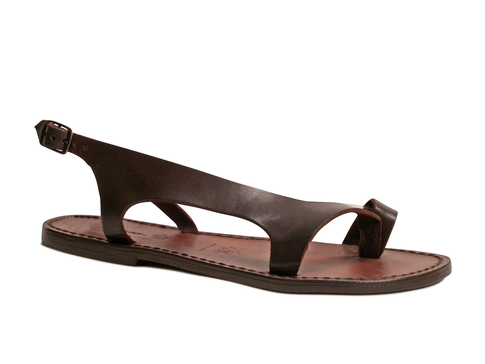Handmade brown genuine leather womens flat sandals Made in Italy