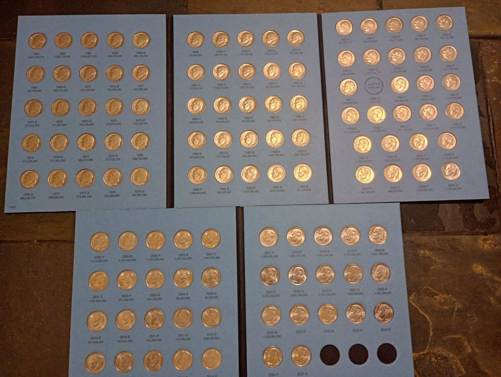COMPLETE SET OF ROOSVELT DIME-1965-2025-P&D IN TWO NEW COIN FOLDERS CIRC-GEM UNC