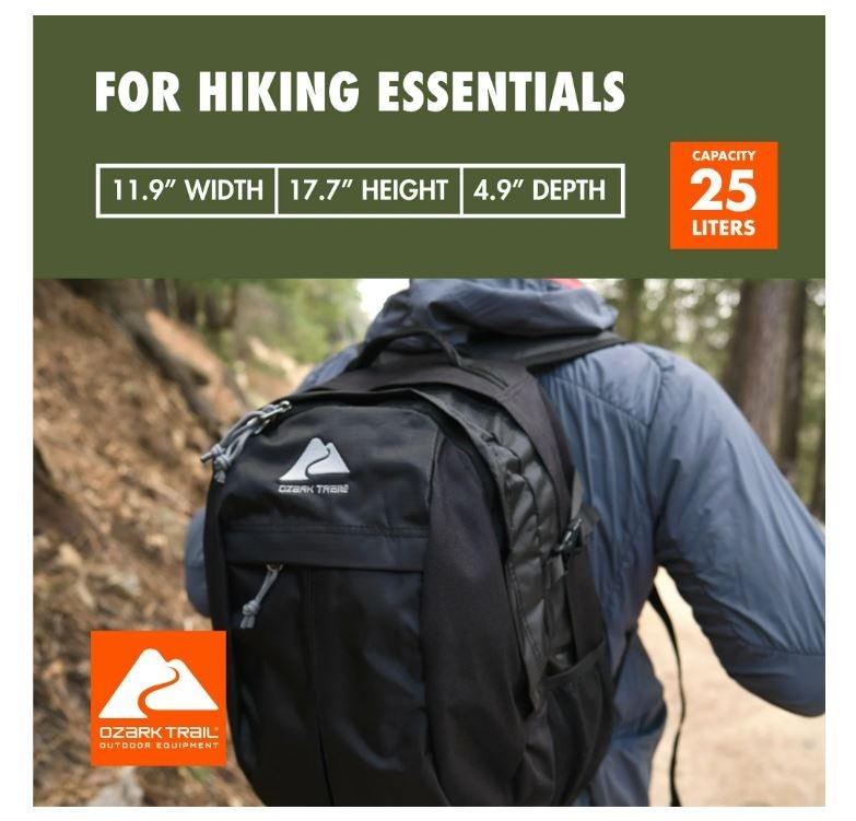 Ozark Trail Hiker Backpack 25 Liter, Black, Polyester, Adult, Teen