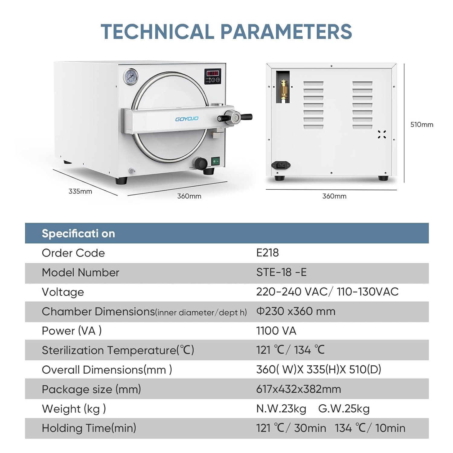 GOYOJO 18L Autoclave Sterilizer Tabletop Class-N High Pressure Steam Machine US