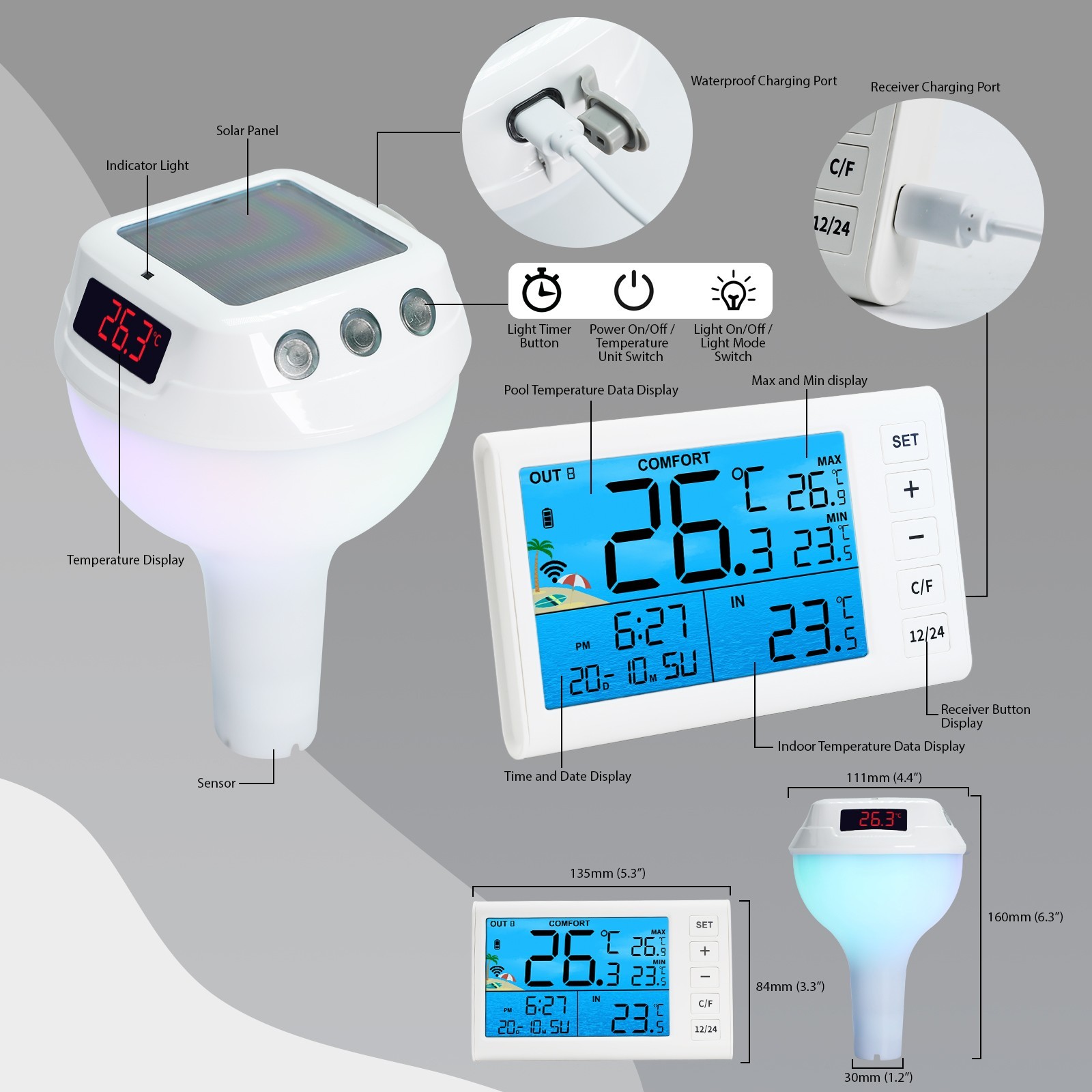ILTH-517 Wireless Solar Pool Thermometer RGB Lights IP68 Floating Gauge for Pool