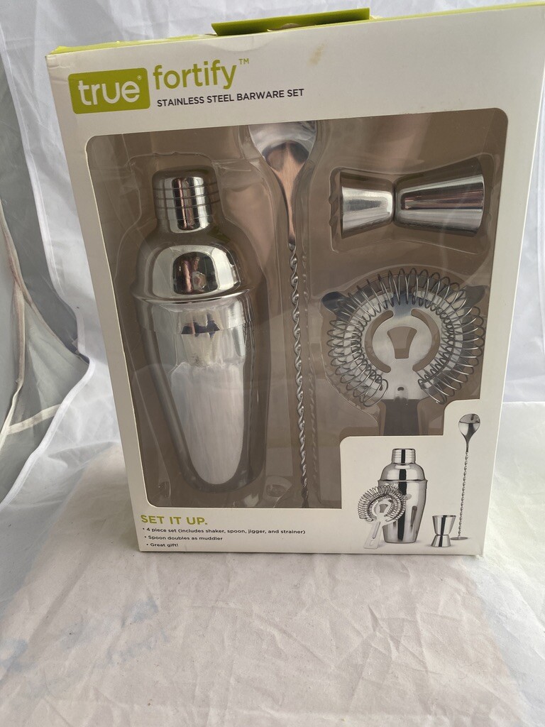 TRue Fortify Stainless Steel Barware 4-Piece Set Cocktail Shaker, Spoon, Jigger,