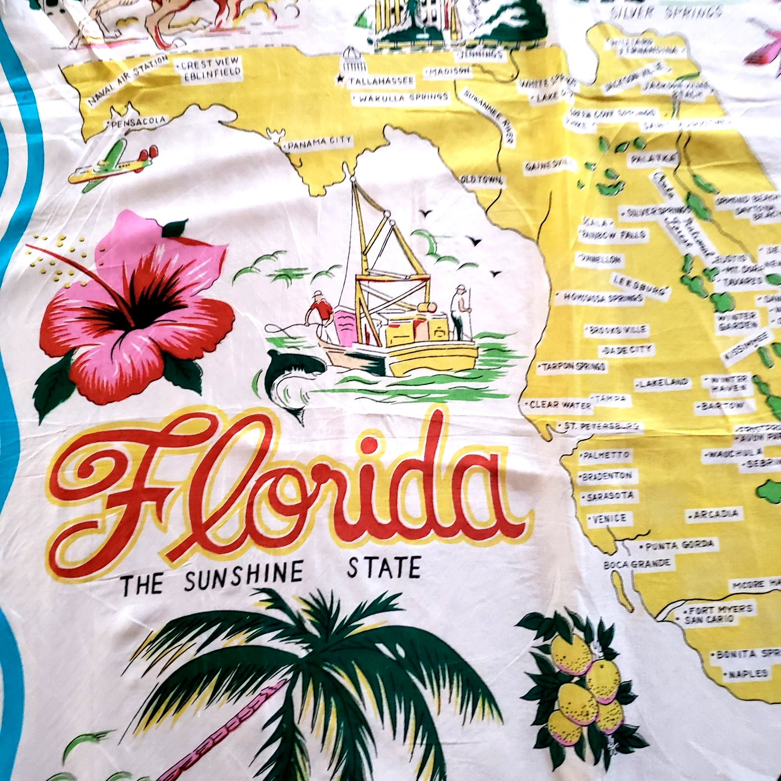 Vintage MCM Florida Map Scarf Rayon Turquoise Blue Hand Rolled Japan 30"X30"