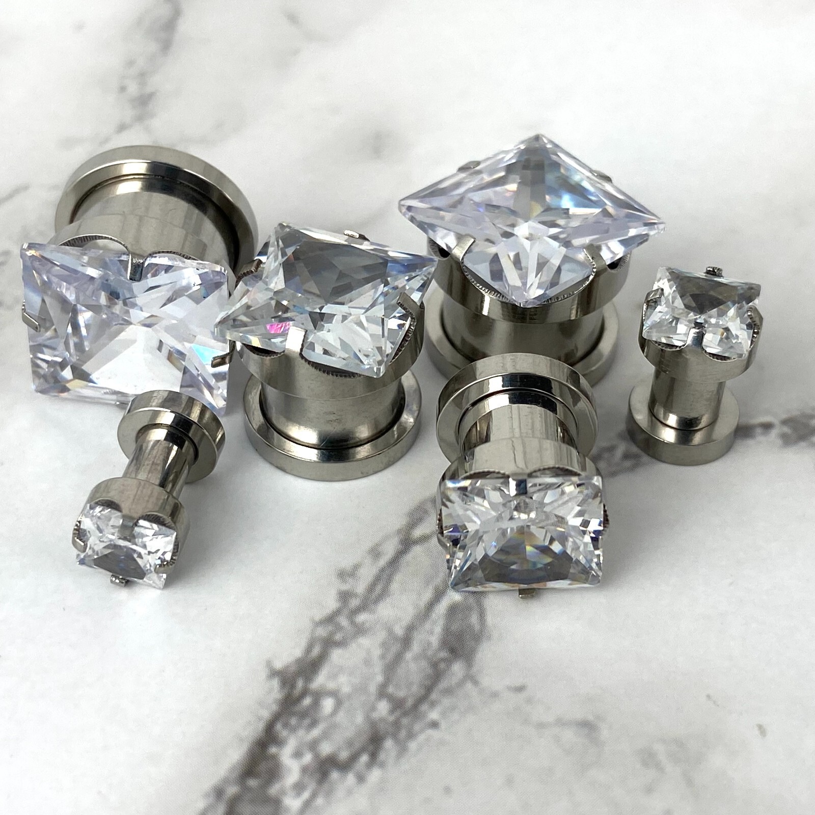 Pair of Prong Set 316L Steel Square CZ Screw on Plugs gauges
