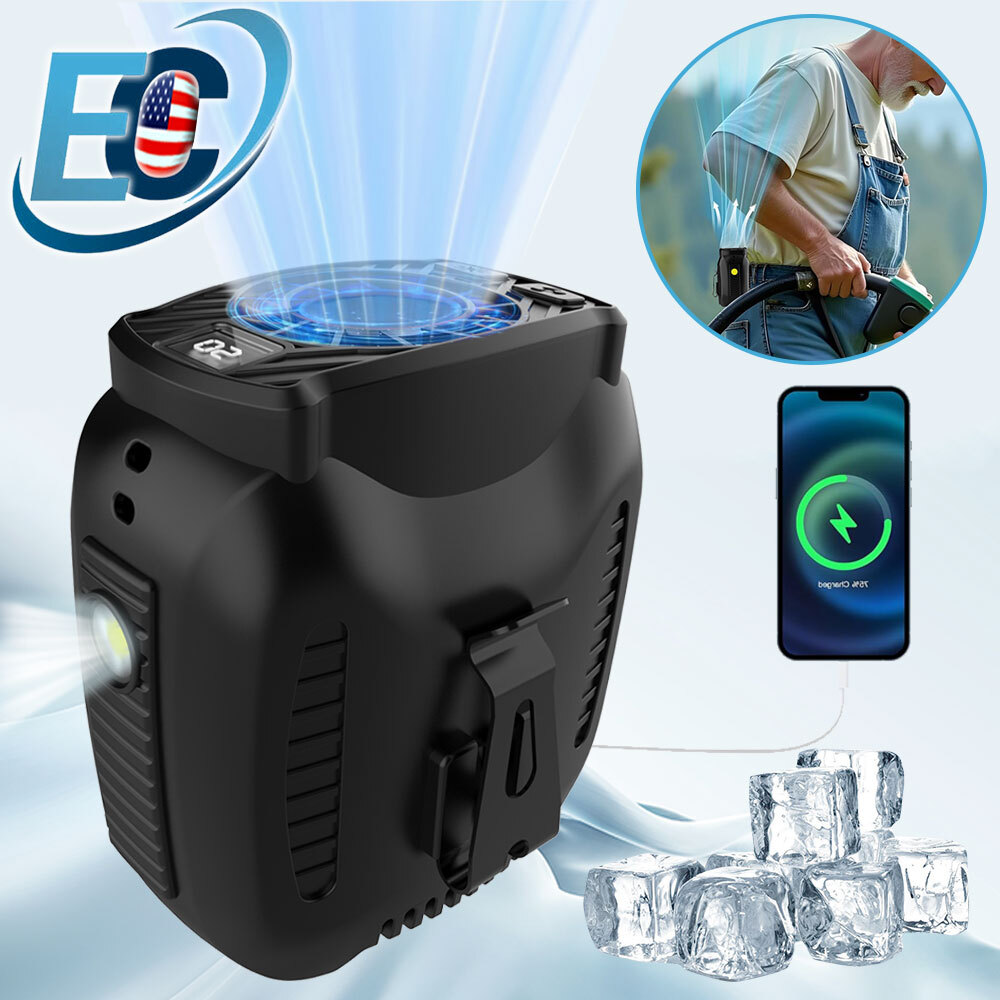 Portable Waist Clip Fan with LED 10000mAh USB Rechargeable Hanging Belt Cooling