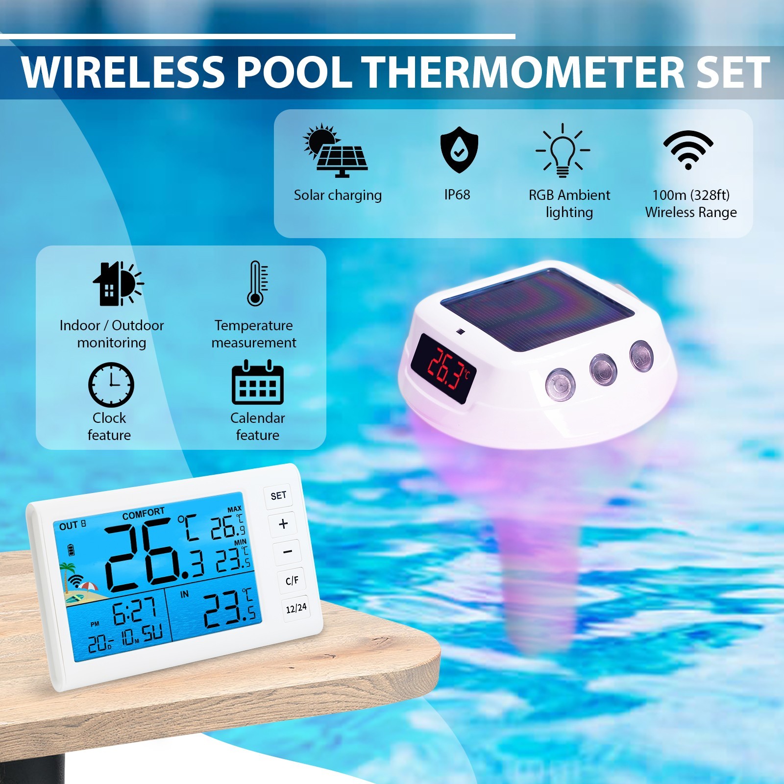 ILTH-517 Wireless Solar Pool Thermometer RGB Lights IP68 Floating Gauge for Pool