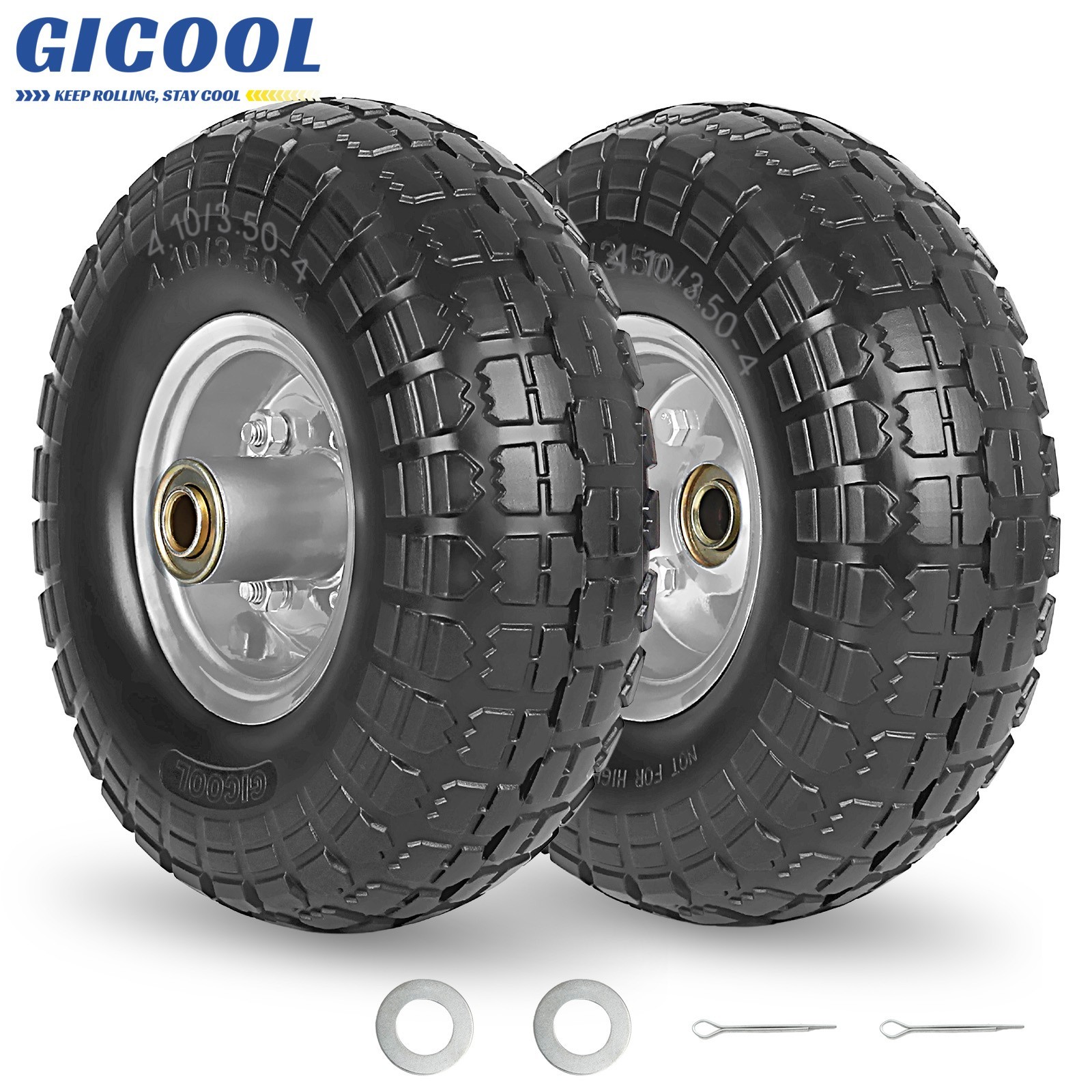 2-Pack 4.10/3.50-4 Flat Free Tire & Wheel for Garden Wagon Hand Truck Trolley