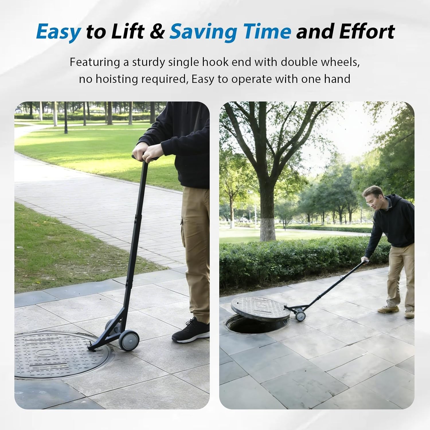 Heavy Duty Manhole Cover Hook with Wheels,Multipurpose Lifting and Pulling