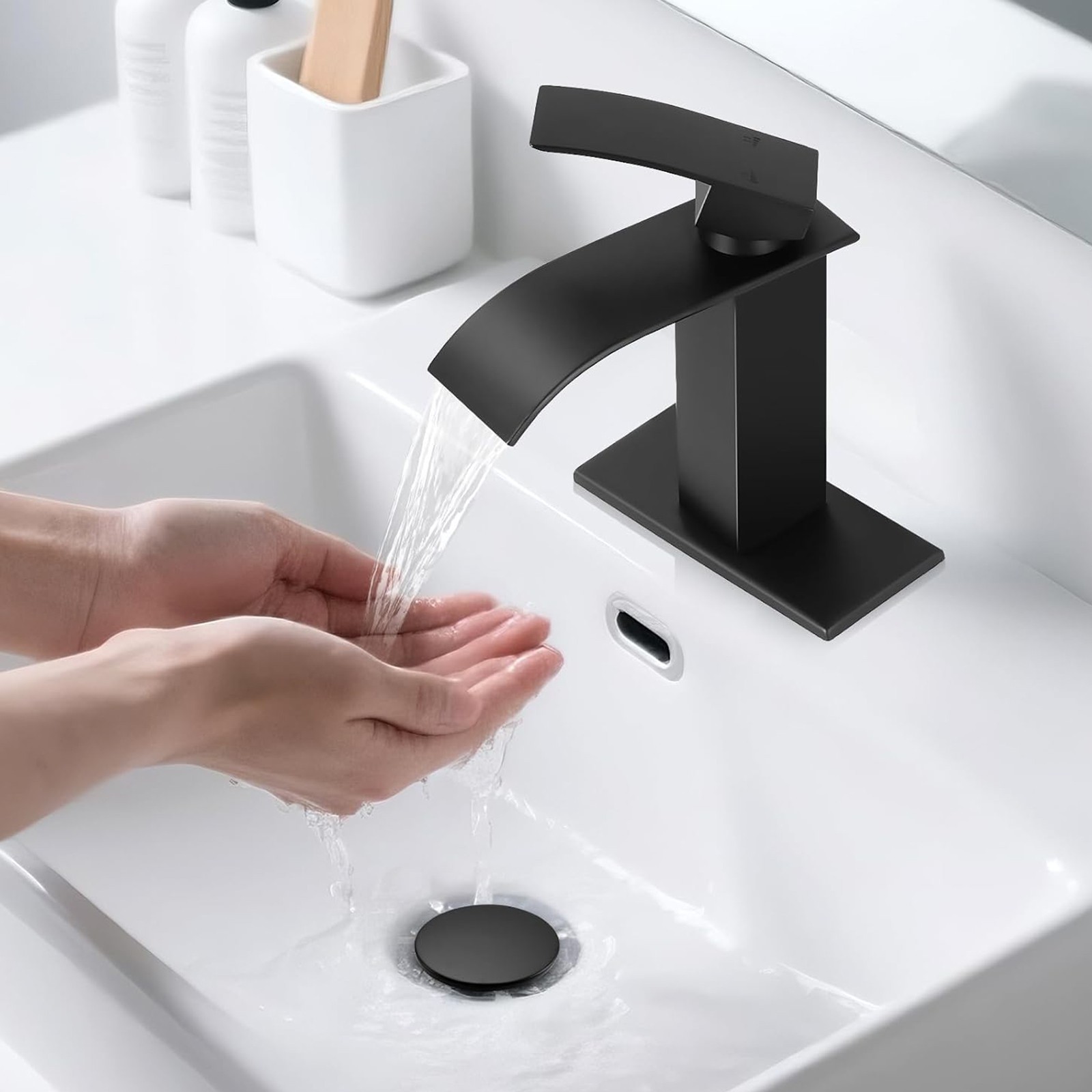 Black Modern Waterfall Bathroom Sink Vanity Faucet Single Handle Taps with Drain