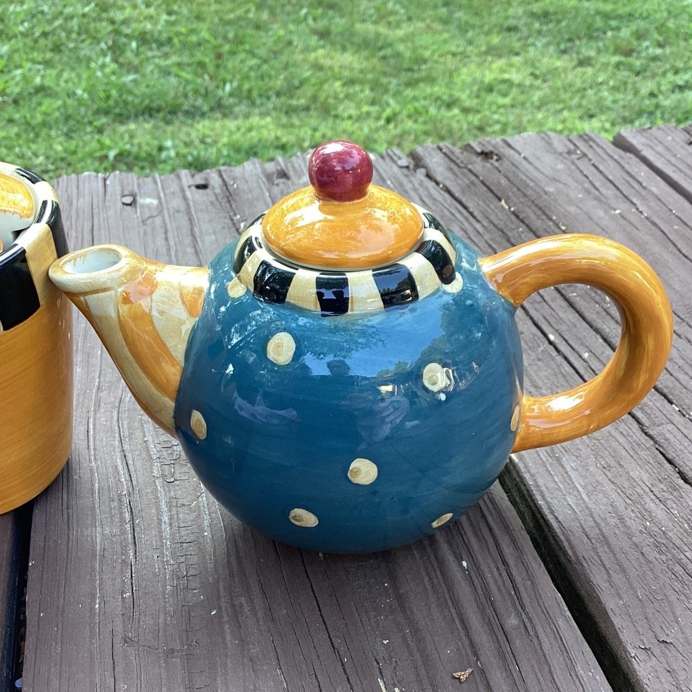 Sakura Hand Painted Ceramic Teapot and Sugar Bowl Set Whimsical Heart Polka Dot