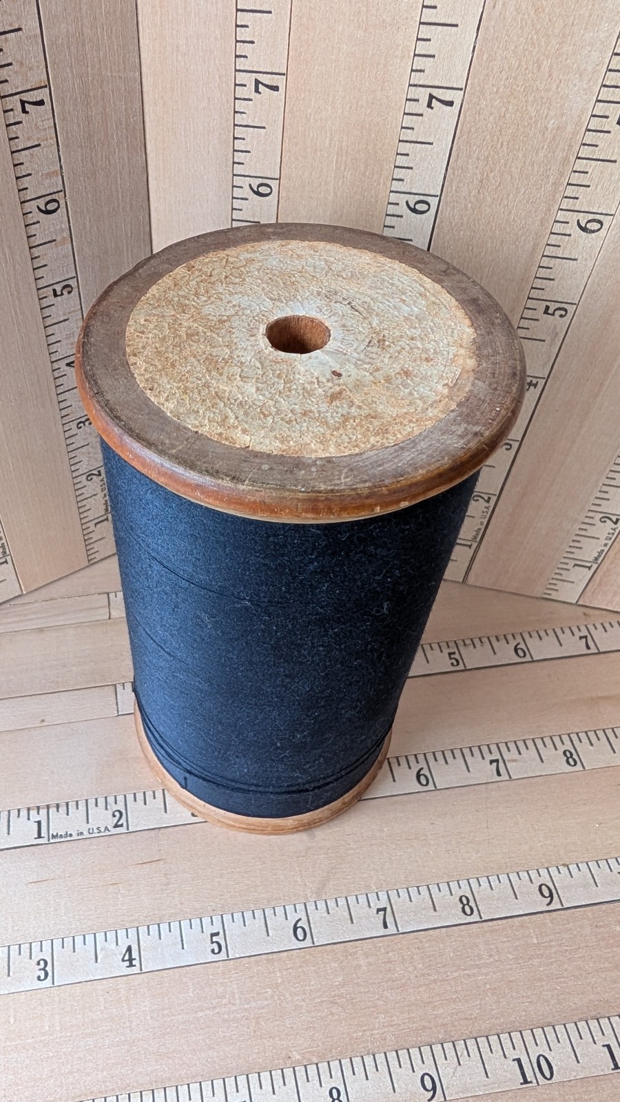 Antique Giant Spool of Thin Thread Wood Spool Black Colored Thread 6" Tall X3.5"