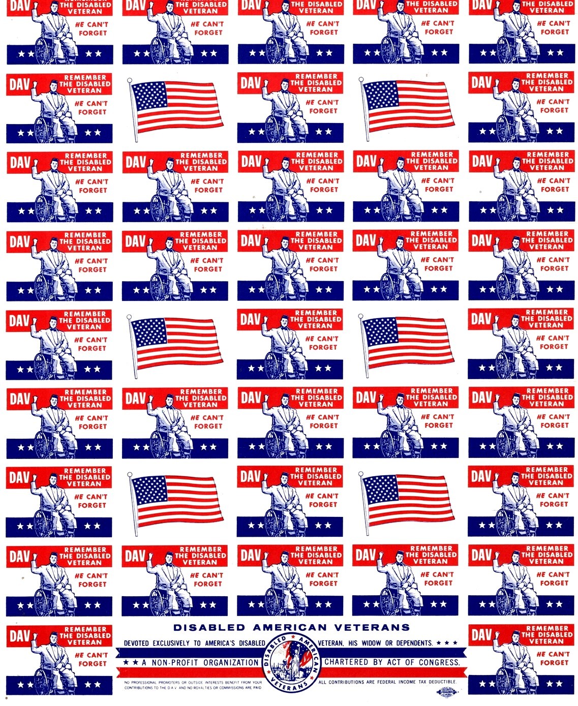 US Charity Stamp Disabled American Veterans DAV 1950's, Full Sheet of 45, MNH