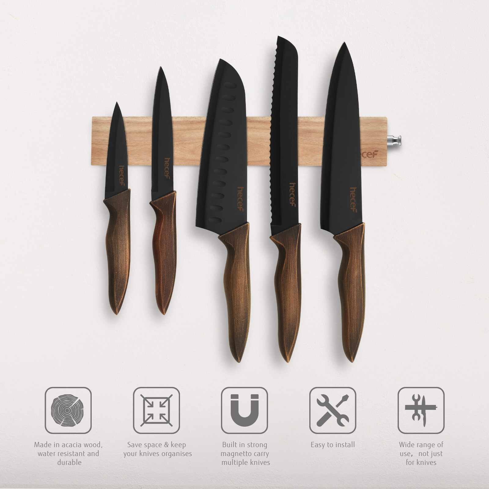 Magnetic Knife Holder Strip Wood Block Wooden Stand Acacia Kitchen Organizer