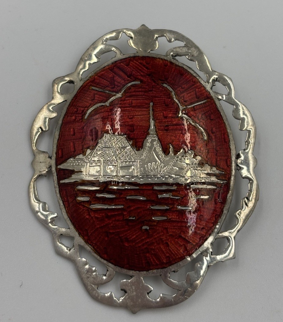 Vintage Siam 925 Sterling Silver Niello Red Enamel Temple Brooch