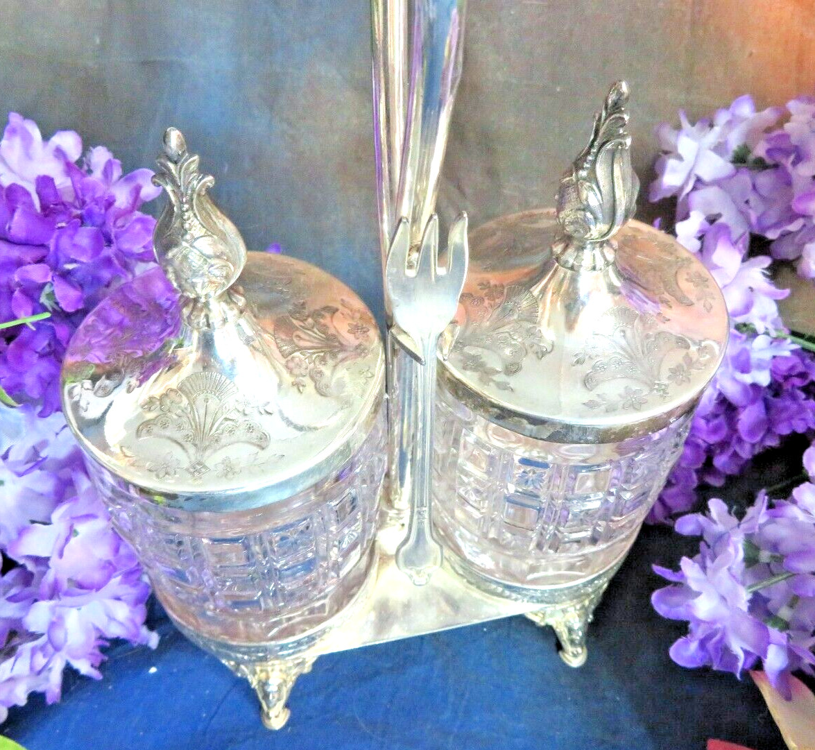 Pickle Castor silver plate frame Meriden B double EAPG jars Antique Victorian