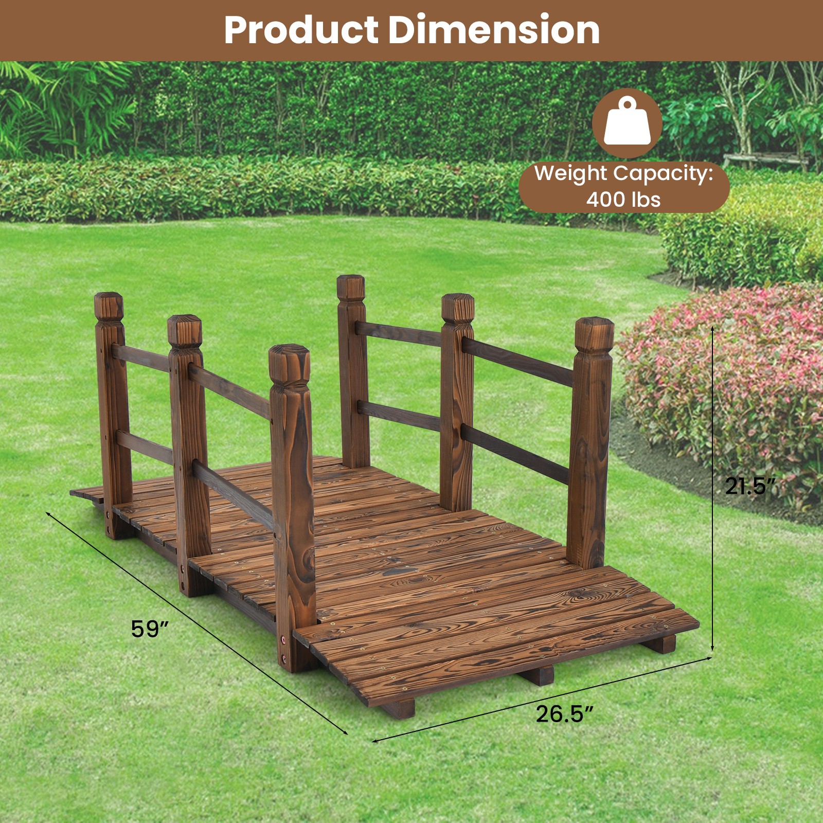 5 FT Wooden Garden Bridge Decorative Stained Finish Footbridge w/Safety Rails