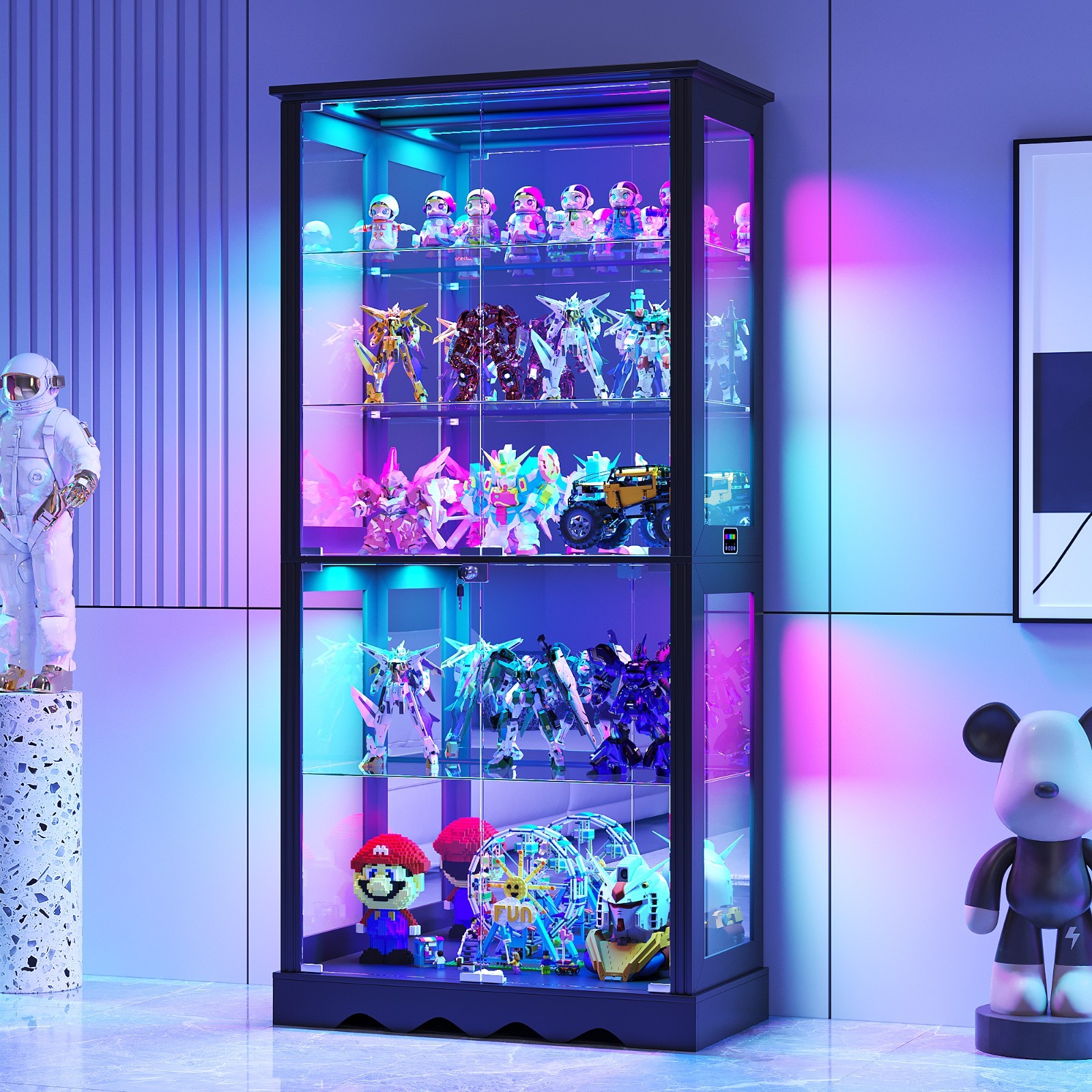 Display Cabinet with Glass Doors, Curio Cabinet with RGB Lights for Collectibles