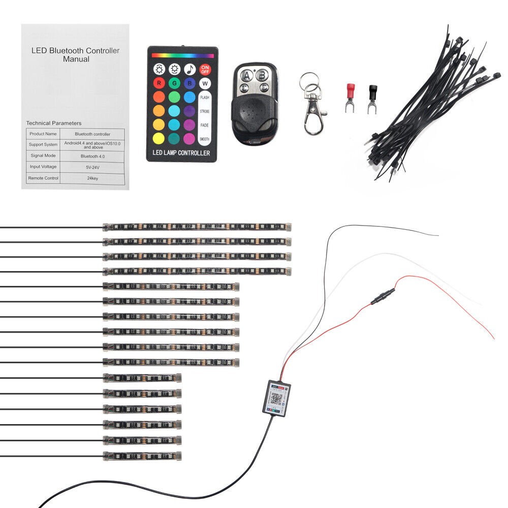 16PC RGB Bluetooth Motorcycle LED Light Under Glow Neon Strip Remote Control Kit