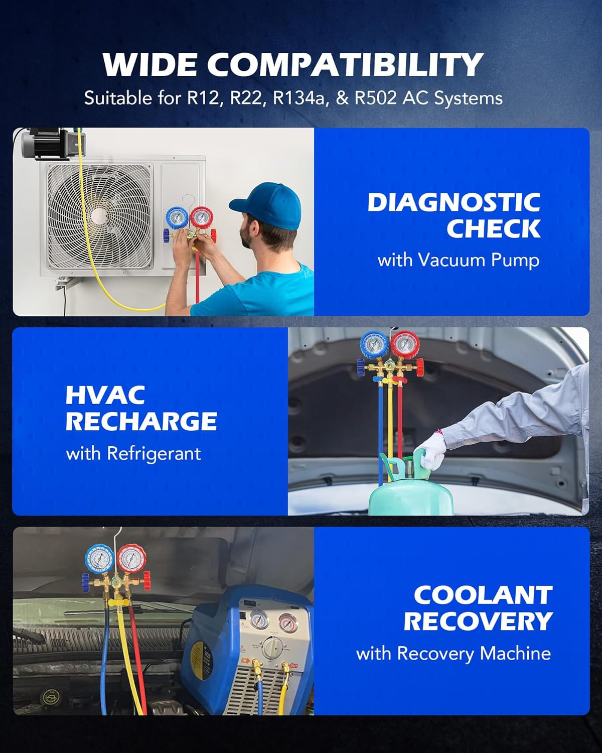 AC Manifold Gauge Set for R12 R22 R502 R134A Refrigerant, 3 Way Automotive AC Ga