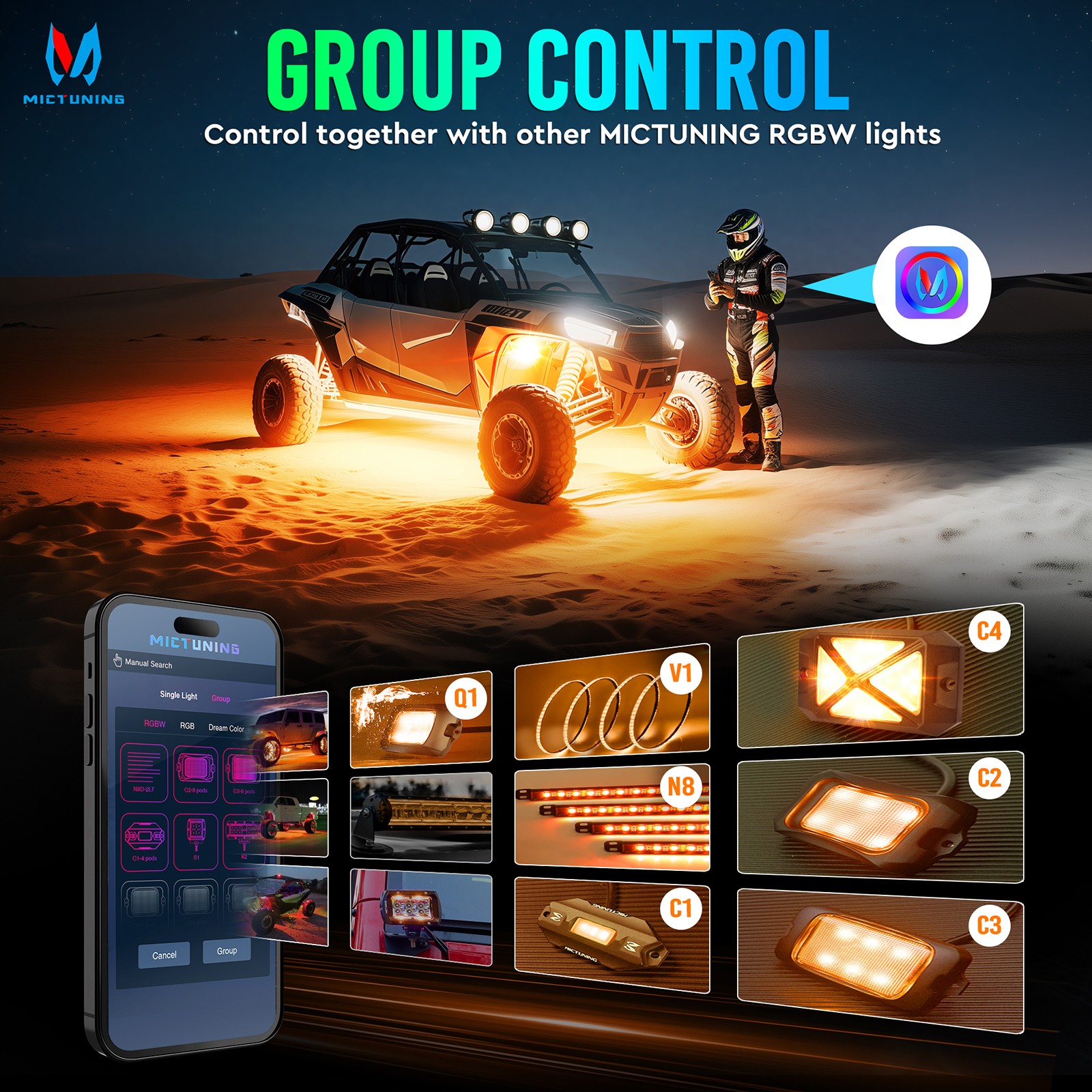 MICTUNING C4 RGBW LED Rock Light 8/12/16 Pods Underglow Accent Light App Control