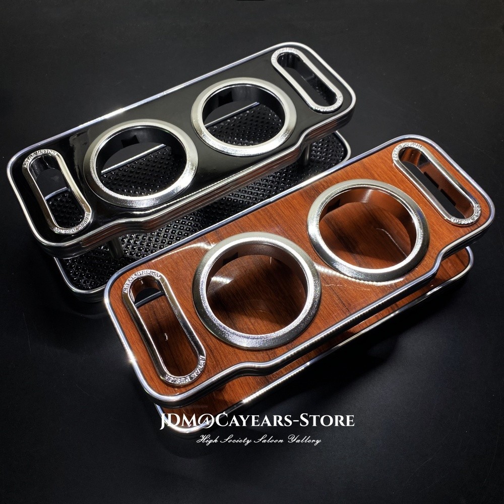JDM Chrome Brim Wood Grain Large VIP Cup Holder Drinks Car Instrument Desk Table