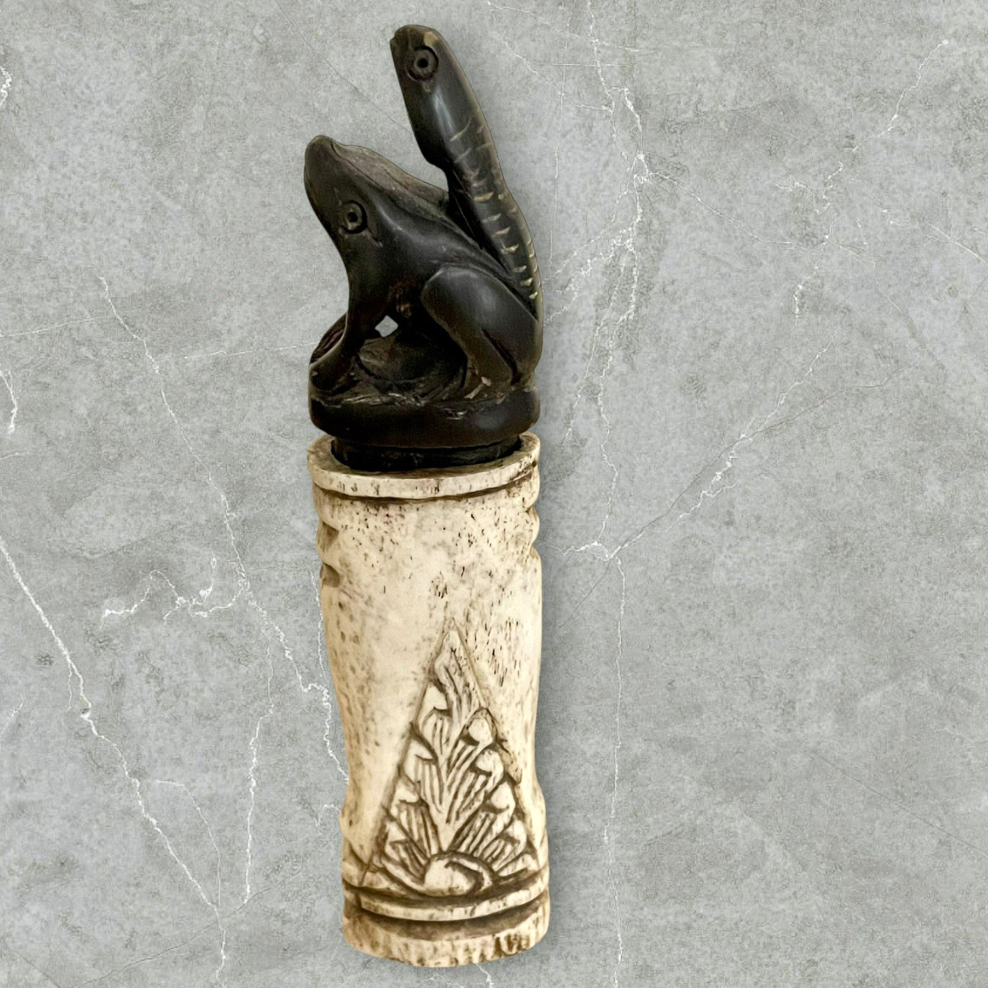 Vintage African Carved Antler Container Snuff Bottle 6.5" x 1.5" Frog Stopper