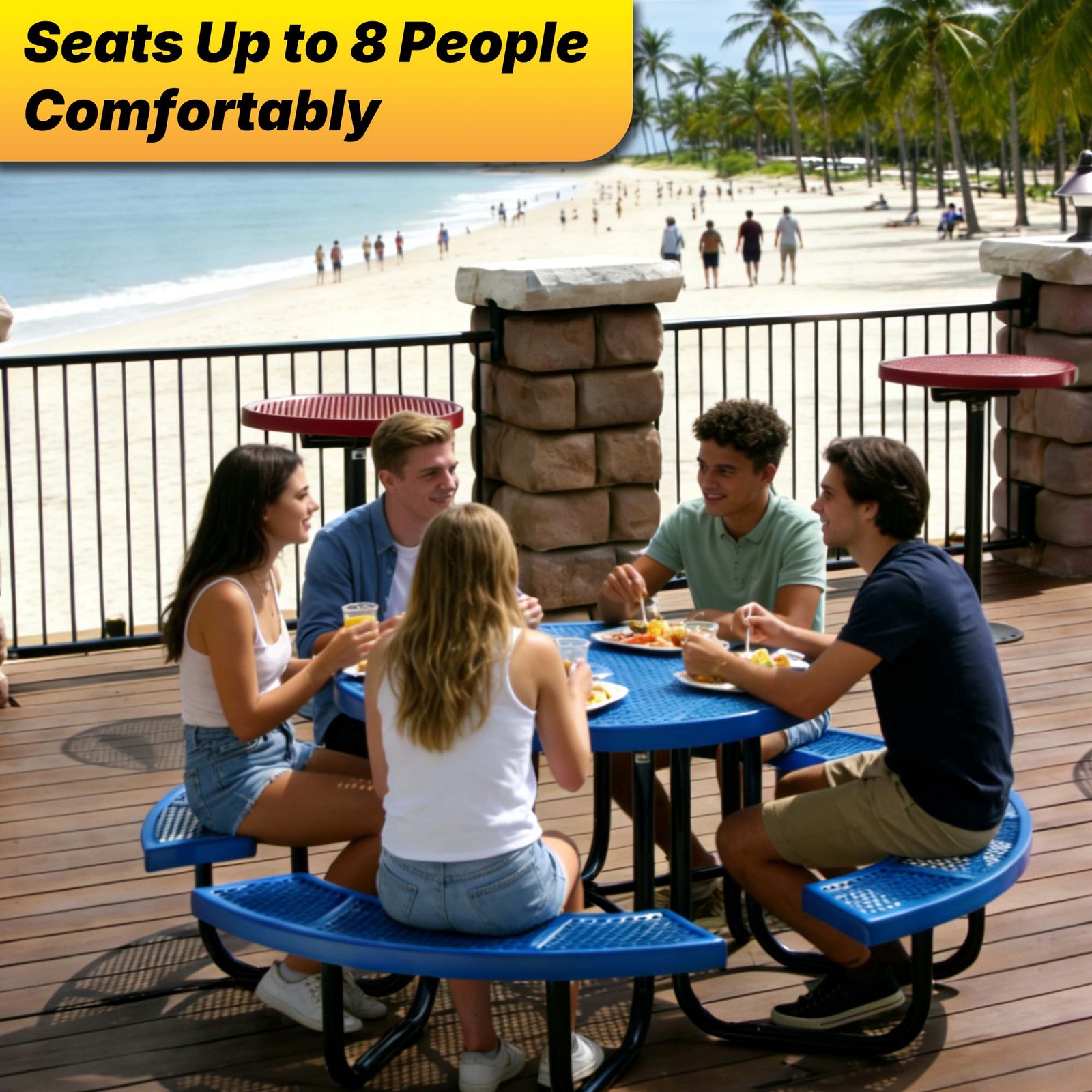 LAUCO 46 Inch Round Metal Picnic Table with Attached Benches, Red Thermoplastic