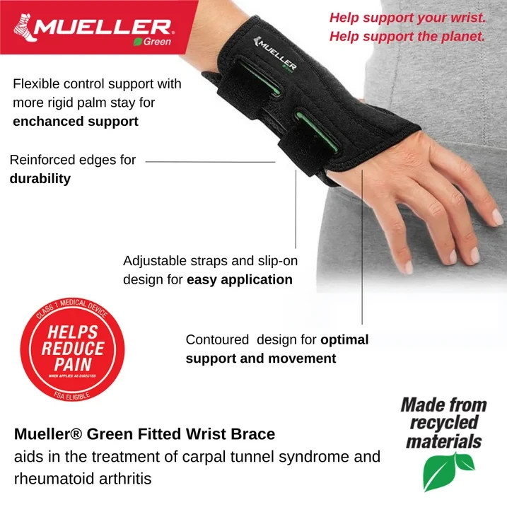 Mueller Green Fitted Wrist Brace, Right Hand, Unisex, One Size Fits Most, Black