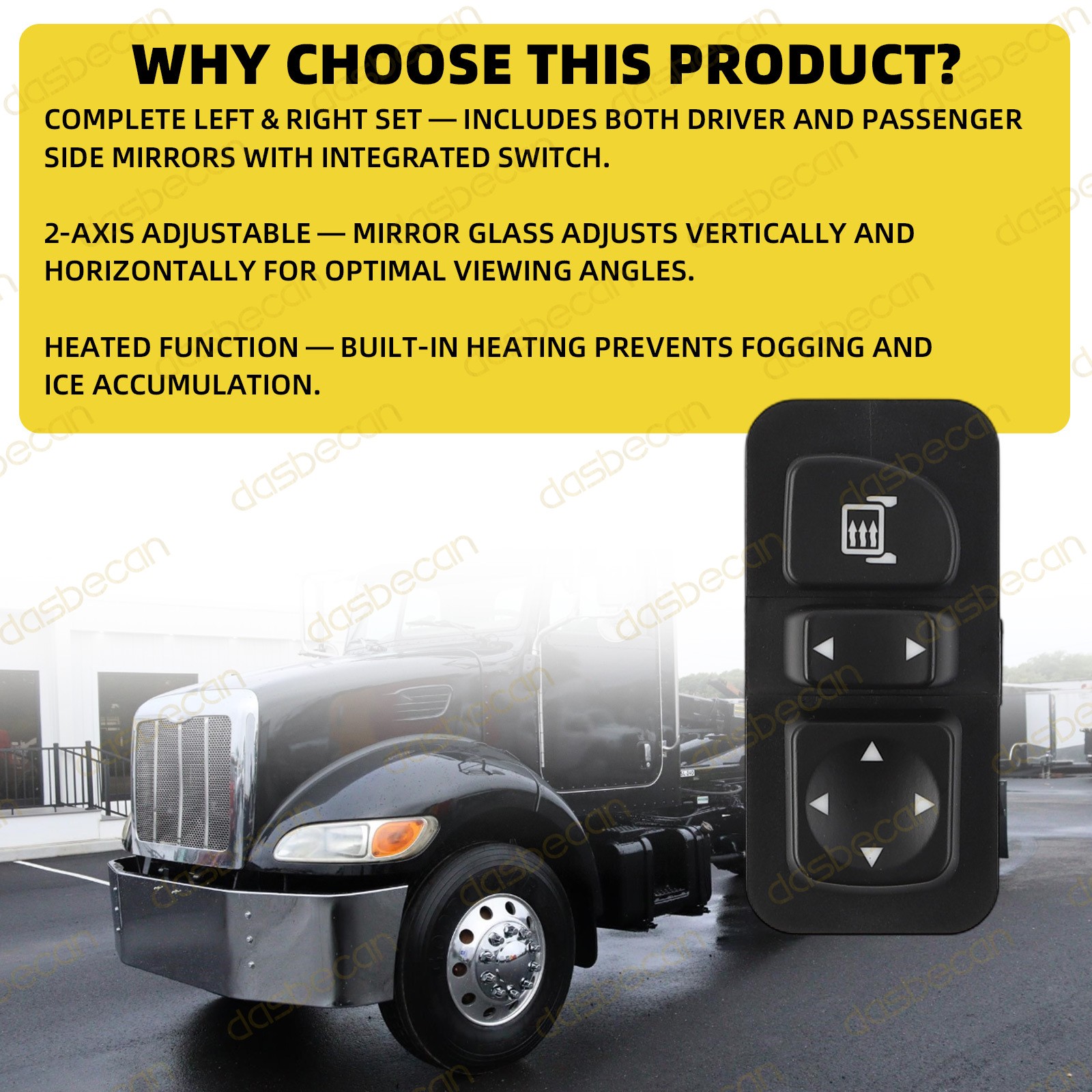 Door Mirror Left Right w/ Heat Mirror Switch For Peterbilt 2-Axis Q27-6016-001