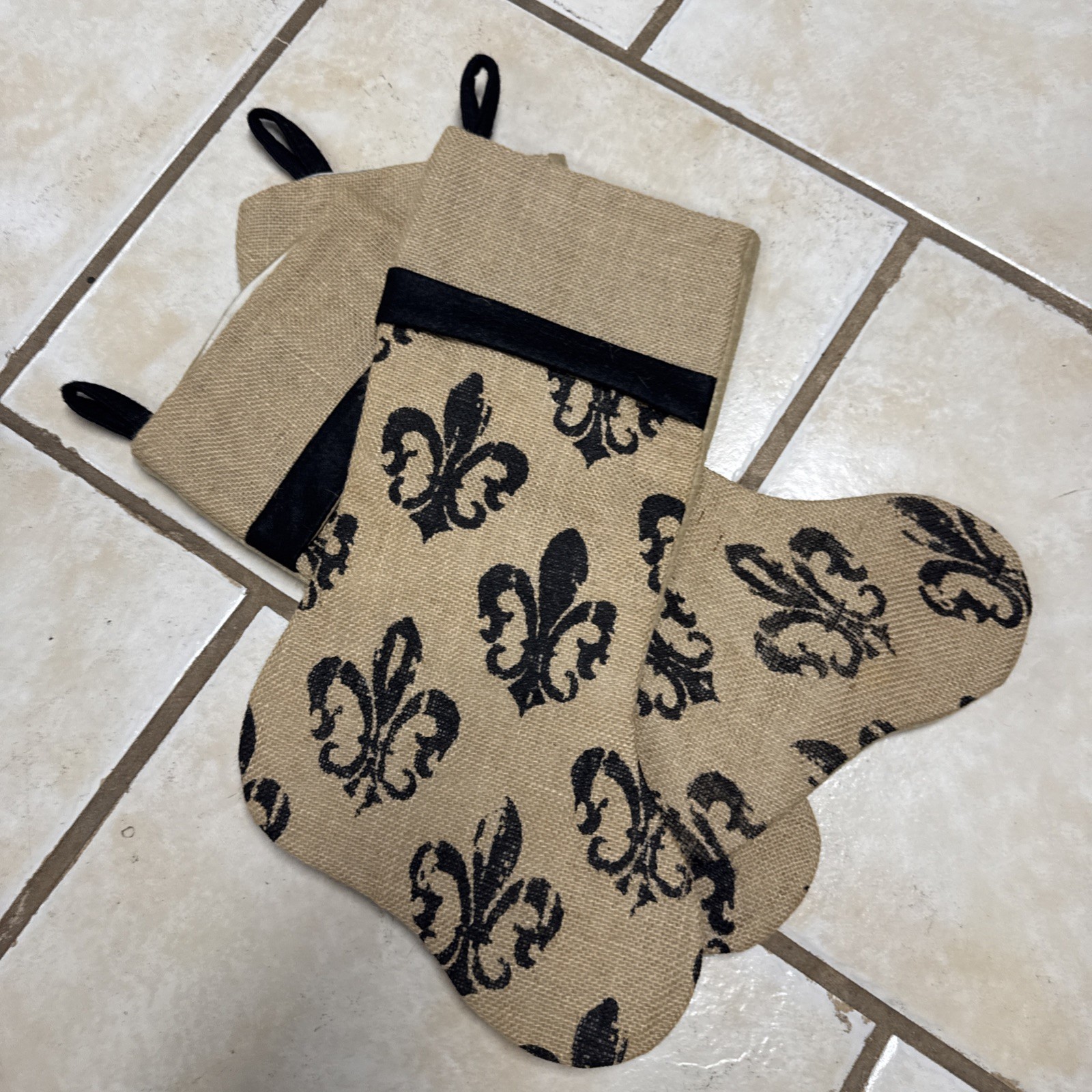 3 Hobby Lobby Fluer Di Lis Christmas Stockings Burlap French Cajun Classic EUC