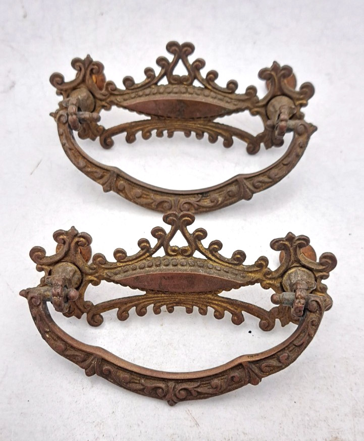 Antique Handles Hardware Furniture Vintage Drawer Pulls Old Brass Pair